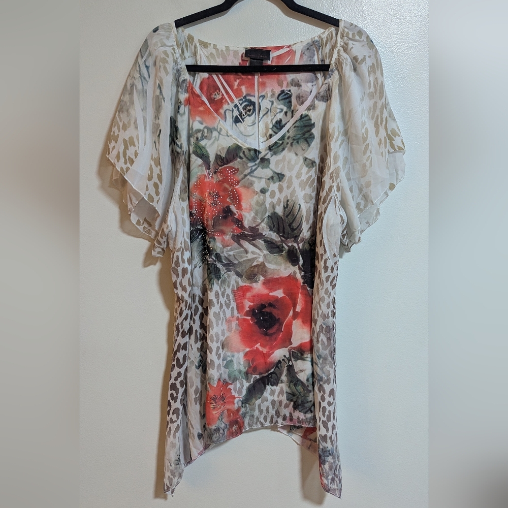 Brittany‎ Black White Red Rhinestone Floral Print Flowy Short Sleeve Blouse 3X